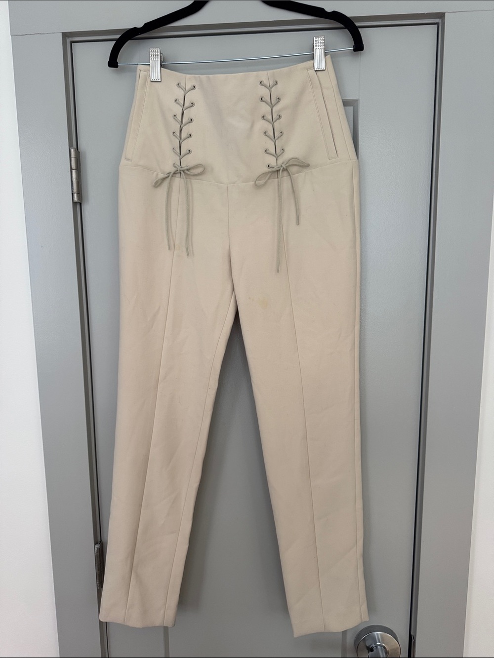 Tibi Runway High-Rise Lace-Up Straight Leg Pants in Cream